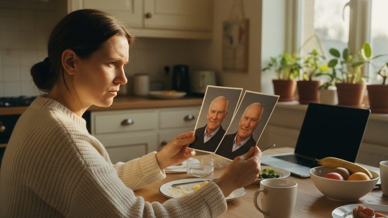 אישה משווה שתי תמונות פורטרט כמעט זהות