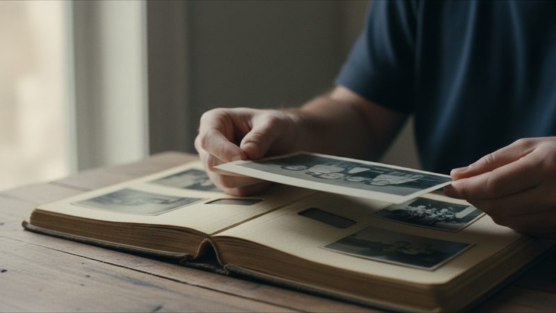 ידיים מחזיקות תמונה ישנה בשחור לבן מעל אלבום פתוח
