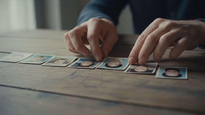 ידיים מסדרות שורה של תמונות פורטרט קטנות על שולחן עץ