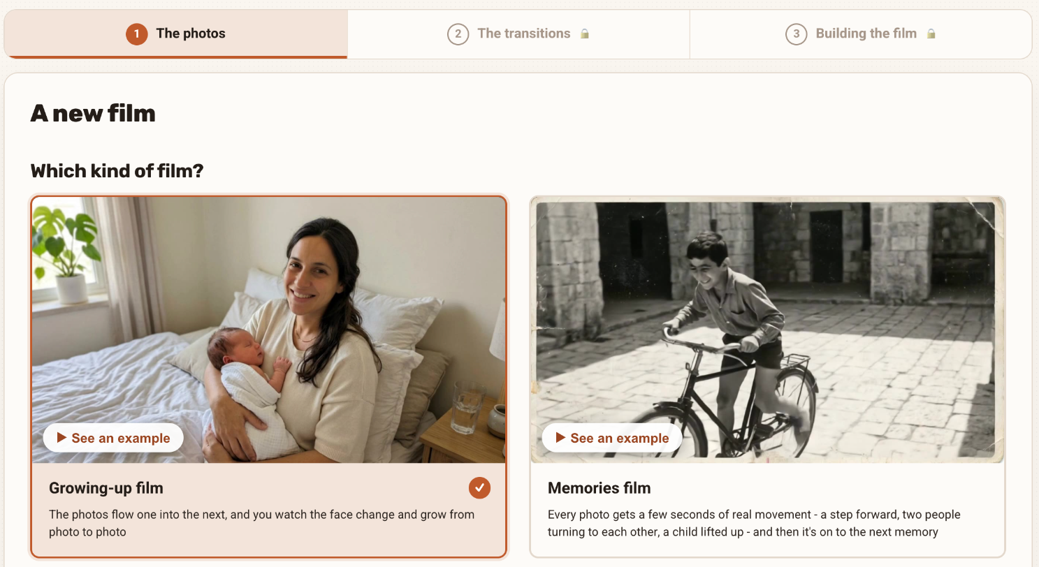 The "A new film" screen: choose between a growing-up film and a memories film