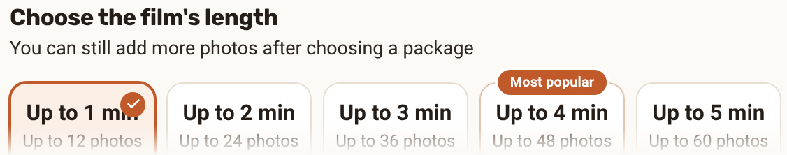 The package selection screen, with the number of photos and the length