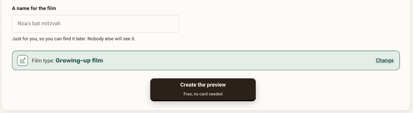 At the bottom of the photos step: the film name and the "Create the preview" button