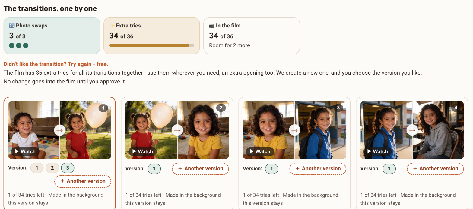 The transitions screen: transition cards with "Another version", the version selector and "Watch"