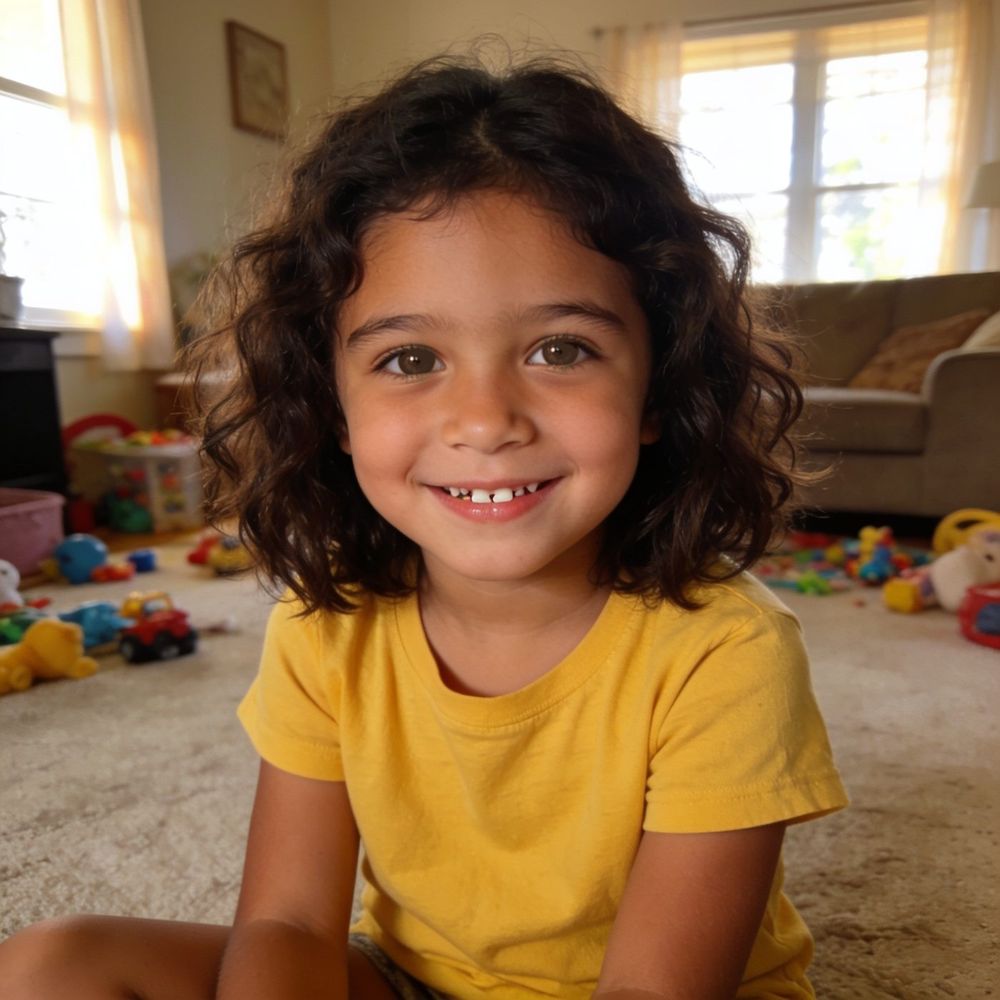 ילדה בת 5 בחולצה צהובה מחייכת בסלון
