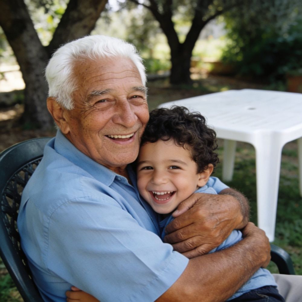 סבא מחבק את נכדו הצוחק בגינה, צילום משפחתי