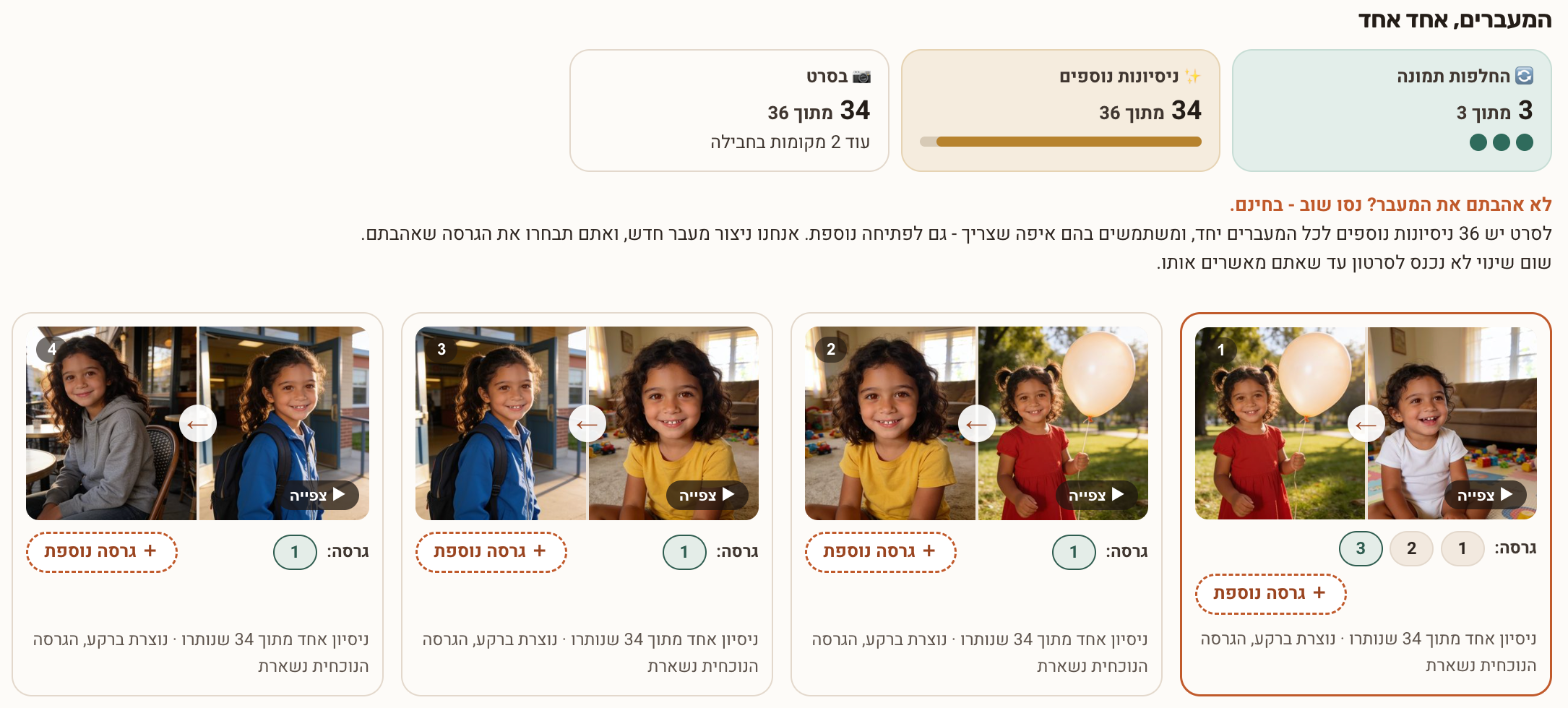 מסך "המעברים": כרטיסי מעבר עם כפתור "גרסה נוספת", בחירת גרסה וכפתור "צפייה"